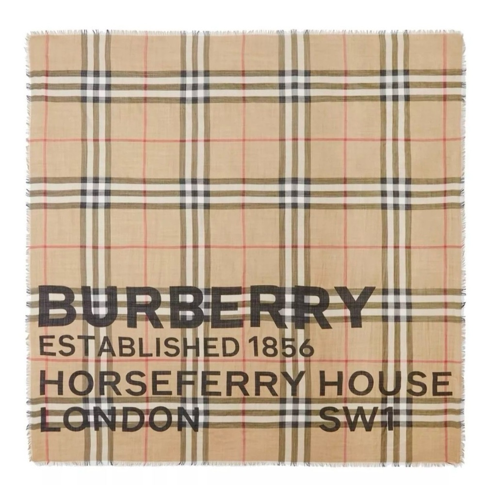 Authentic BURBERRY PRINT LOGO CHECK WOOL SILK LARGE SQUARE SHAWL WRAP SCARF